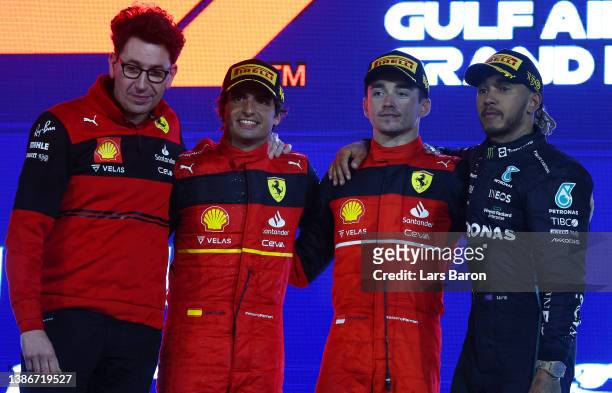 Race winner Charles Leclerc of Monaco and Ferrari , Second placed Carlos Sainz of Spain and Ferrari Third placed Lewis Hamilton of Great Britain and...
