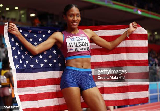 Ajee Wilson of The United States USA celebrates winning the Women's 800 Metres Final on Day Three of the World Athletics Indoor Championships...