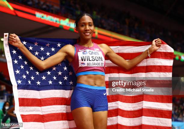 Ajee Wilson of USA celebrates after winning the Women's 800 Metres Final during Day Three of the World Athletics Indoor Championships at Belgrade...