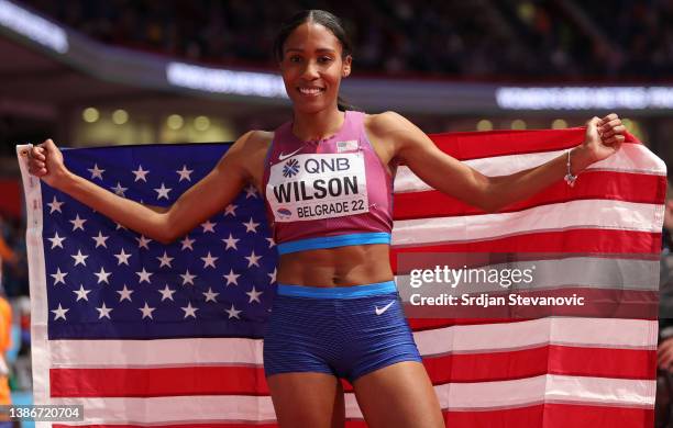 Ajee Wilson of The United States USA celebrates winning the Women's 800 Metres Final on Day Three of the World Athletics Indoor Championships...