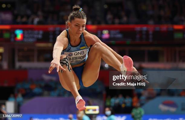 Maryna Bekh-Romanchuk of Ukraine UKR competes during the Women's Long Jump on Day Three of the World Athletics Indoor Championships Belgrade 2022 at...