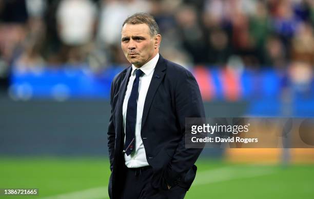 Raphael Ibanez, the France team manager looks on during the Guinness Six Nations Rugby match between France and England at the Stade de France on...
