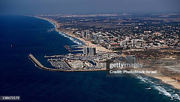 aerial photography herzliya, israel - herzliya marina stock-fotos und bilder