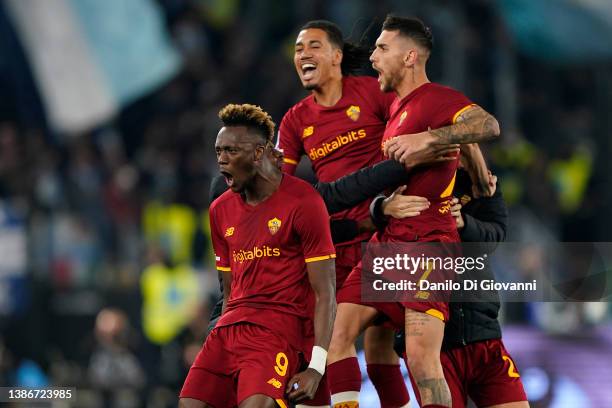 Felipe Anderson of S.S. Lazio celebrate after scoring a goal with his teammates Tammy Abraham of A.S. Roma and Chris Smalling of A.S. Roma during the...