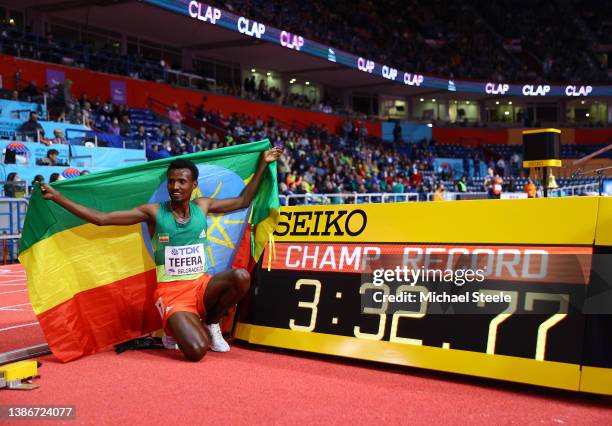 Samuel Tefera of Ethiopia celebrates winning the Men's 1500 Metres Final during Day Three of the World Athletics Indoor Championships at Belgrade...