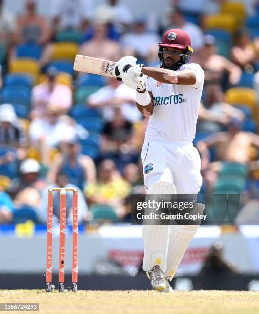 John Campbell of the West Indies bats during day five of the 2nd test match between West Indies and England at Kensington Oval on March 20, 2022 in...