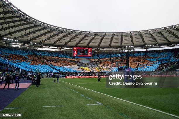 Lazio supporters during the Serie A match between AS Roma and SS Lazio at Stadio Olimpico on March 20, 2022 in Rome, Italy.