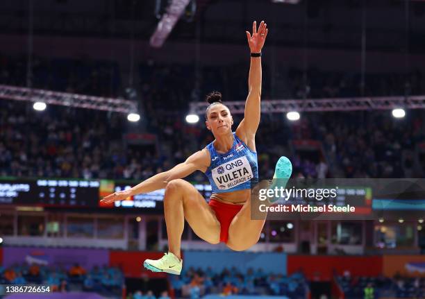 Ivana Vuleta of Serbia compete during the Women's Long Jump Final during Day Three of the World Athletics Indoor Championships at Belgrade Arena on...