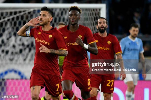 Lorenzo Pellegrini of AS Roma celebrates a third goal with his team mates during the Serie A match between AS Roma and SS Lazio at Stadio Olimpico on...