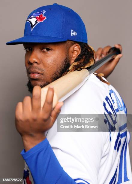 Vladimir Guerrero Jr. #27 of the Toronto Blue Jays poses for a portrait during Photo Day at TD Ballpark on March 19, 2022 in Dunedin, Florida.