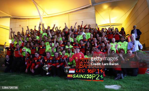 Race winner Charles Leclerc of Monaco and Ferrari and Second placed Carlos Sainz of Spain and Ferrari celebrate with their team after the F1 Grand...