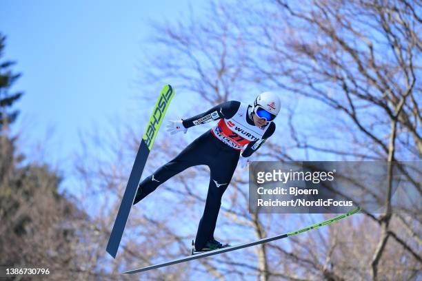 Keiichi Sato of Japan competes during the Individual HS235 at the FIS World Cup Ski Flying Men Oberstdorf at on March 20, 2022 in Oberstdorf, Germany.