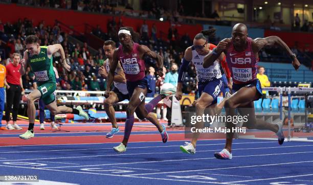 Grant Holloway of The United States USA wins the Men's 60 Metres Hurdles Final ahead of Pascal Martinot-Lagarde of France FRA and Jarret Eaton of The...