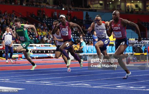 Grant Holloway of The United States USA wins the Men's 60 Metres Hurdles Final ahead of Pascal Martinot-Lagarde of France FRA and Jarret Eaton of The...