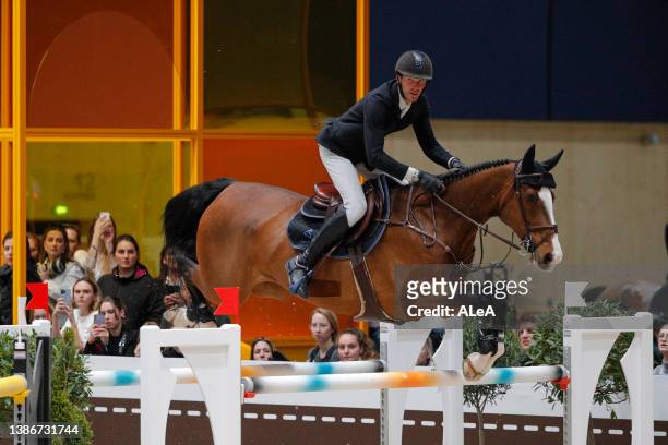 French rider Kevin Staut is competing in the Grand Prix Hermès 1.60m - Table A with Jump-Off CSI 5* at the Grand Palais Ephemere on March 20, 2022 in...