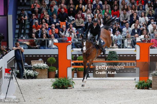 French rider Kevin Staut is competing in the Grand Prix Hermès 1.60m - Table A with Jump-Off CSI 5* at the Grand Palais Ephemere on March 20, 2022 in...