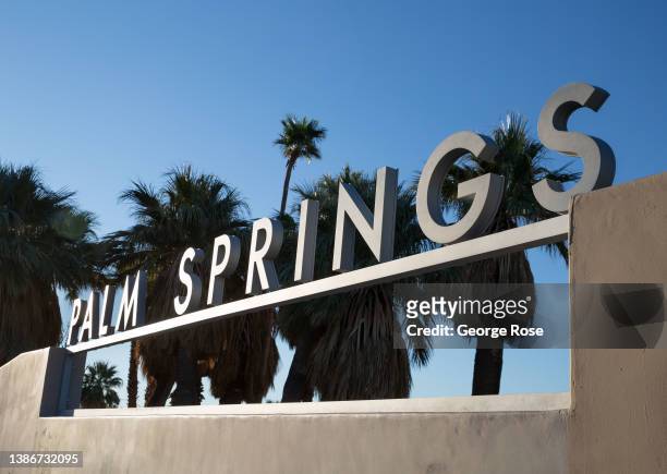 The Palm Springs sign, located in front of the Visitor Center on Highway 111 is viewed on March 7, 2022 in Palm Springs, California. Palm Springs, a...
