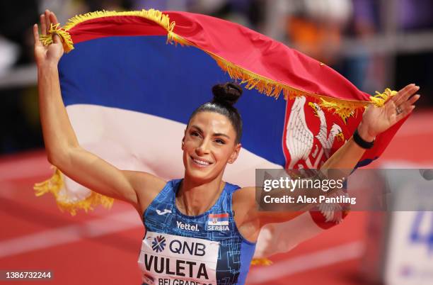 Ivana Vuleta of Serbia celebrates after winning the Gold Medal during the Women's Long Jump Final during Day Three of the World Athletics Indoor...