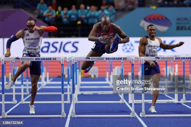 Grant Holloway of The United States USA, Pascal Martinot-Lagarde of France FRA and Wilhem Belocian of France FRA compete during the Men's 60 Metres...
