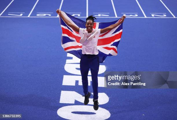 Lorraine Ugen of Great Britain celebrates after winning the Bronze Medal during the Women's Long Jump Final during Day Three of the World Athletics...
