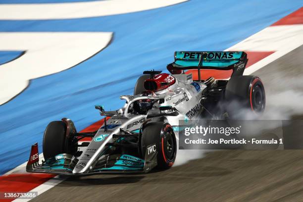George Russell of Great Britain driving the Mercedes AMG Petronas F1 Team W13 locks a wheel under braking during the F1 Grand Prix of Bahrain at...