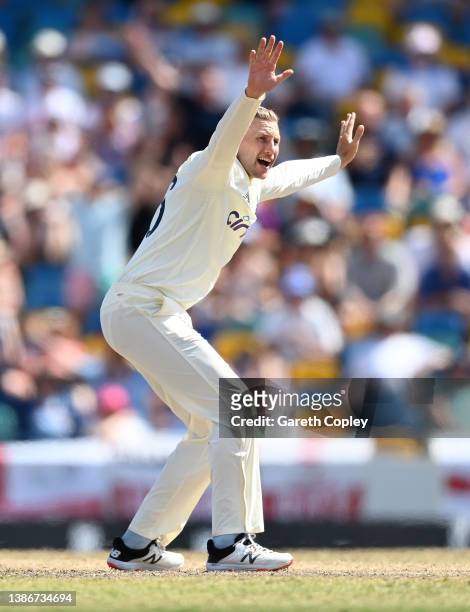England captain Joe Root appeals unsuccessfully during day five of the 2nd test match between West Indies and England at Kensington Oval on March 20,...