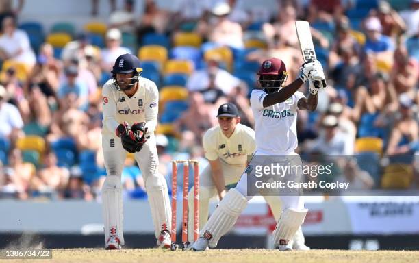 Jermaine Blackwood of the West Indies bats during day five of the 2nd test match between West Indies and England at Kensington Oval on March 20, 2022...