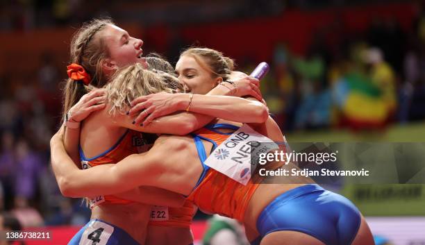 Silver Medallists Lieke Klaver, Eveline Saalberg, Lisanne de Witte and Femke Bol of Netherlands NED celebrate after the Women's 4x400 Metres Relay...