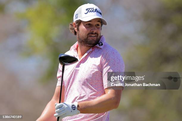 Peter Uihlein reacts during the final round of the Chitimacha Louisiana Open presented by MISTRAS at Le Triomphe G&CC on March 20, 2022 in Broussard,...