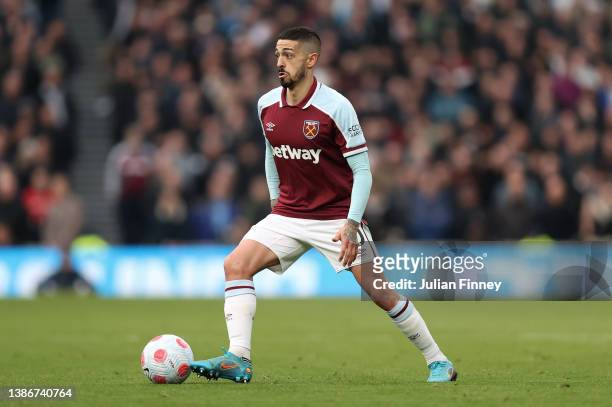 Manuel Lanzini of West Ham in action during the Premier League match between Tottenham Hotspur and West Ham United at Tottenham Hotspur Stadium on...