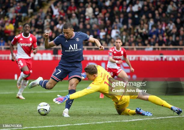 Kylian Mbappe of PSG, goalkeeper of Monaco Alexander Nubel during the Ligue 1 Uber Eats match between AS Monaco and Paris Saint Germain at Stade...