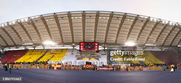 Roma fans during the Serie A match between AS Roma and SS Lazio at Stadio Olimpico on March 20, 2022 in Rome, Italy.