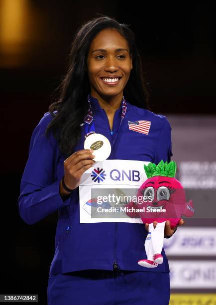 Ajee Wilson of USA poses after winning the Women's 800 Metres Final during Day Three of the World Athletics Indoor Championships at Belgrade Arena on...