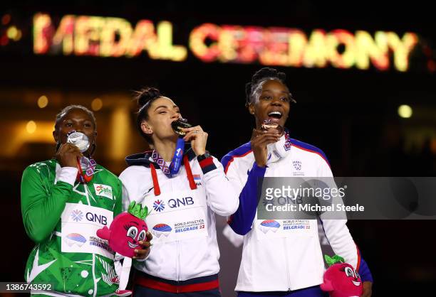 Silver Medallist Ese Brume of Nigeria, Gold Medallist Ivana Vuleta of Serbia and Bronze Medallist Lorraine Ugen of Great Britain poses following the...