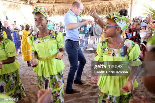 Prince William, Duke of Cambridge dances during a traditional Garifuna festival on the second day of a Platinum Jubilee Royal Tour of the Caribbean...