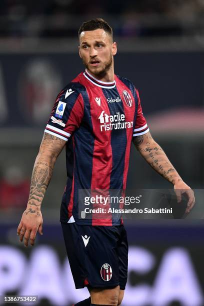 Marko Arnautovic of Bologna FC looks on during the Serie A match between Bologna FC and Atalanta BC at Stadio Renato Dall'Ara on March 20, 2022 in...