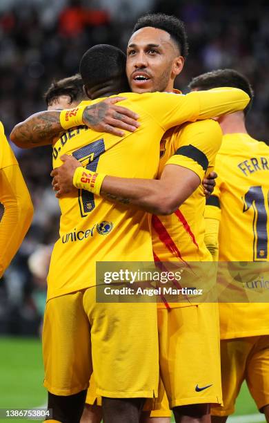 Pierre-Emerick Aubameyang of FC Barcelona celebrates with his teammate Ousmane Dembele after scoring the opening goal during the LaLiga Santander...