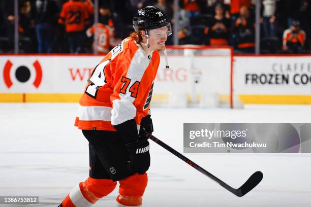 Owen Tippett of the Philadelphia Flyers reacts after defeating the New York Islanders at Wells Fargo Center on March 20, 2022 in Philadelphia,...