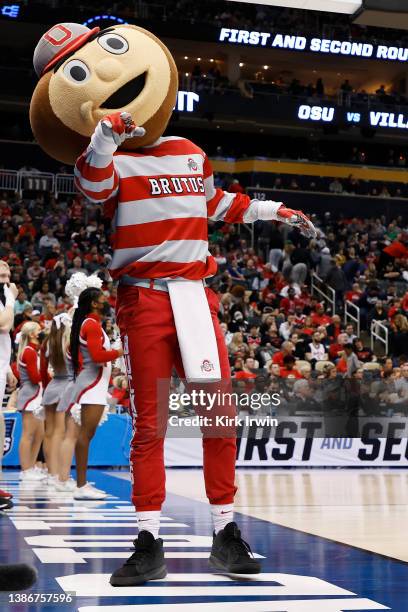 The Ohio State Buckeyes mascot performs for the crowd in the second half of the game against the Villanova Wildcats during the second round of the...