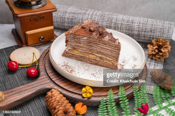 chocolate banana mille crepe - crepe stock pictures, royalty-free photos & images