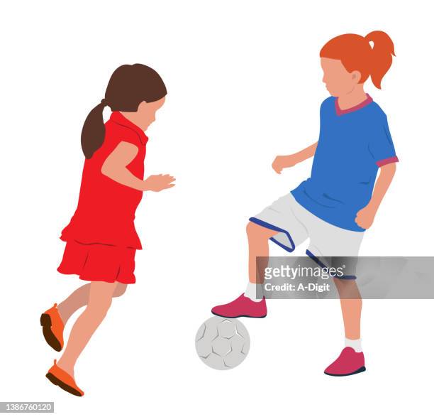 girls kicking soccer ball - girls playing soccer stock illustrations