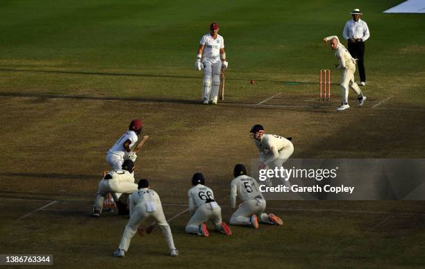 Jack Leach of England bowls to West Indies captain Kraigg Brathwaite during the 2nd test match between West Indies and England at Kensington Oval on...