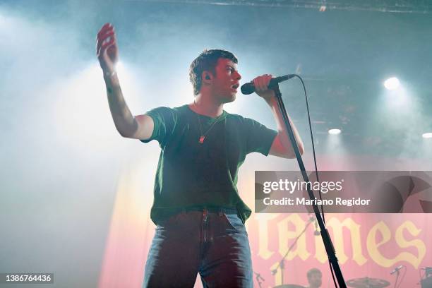 Grian Chatten of Fontaines D.C. Performs on stage at La Riviera on March 20, 2022 in Madrid, Spain.