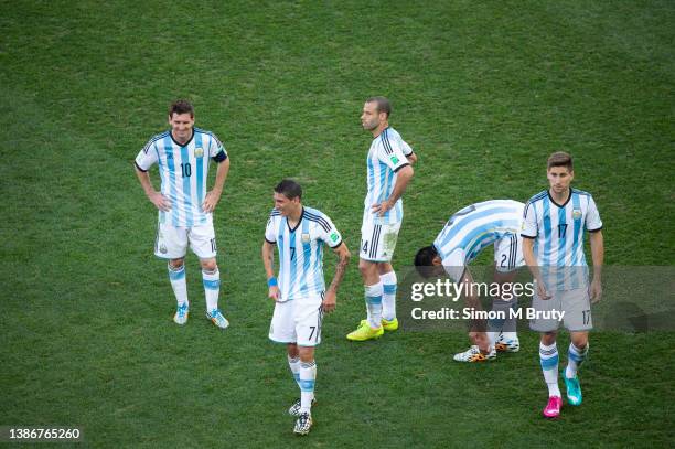 Lionel Messi, Javier Mascherano, Angel Di Mara, Ezequiel Garay and Federico Fernandez of Argentina at the start of extra time. World Cup round of 16...