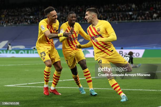 Ferran Torres of FC Barcelona celebrates scoring their third goal with teammtes Pierre-Emerick Aubameyang and Ousmane Dembele during the LaLiga...