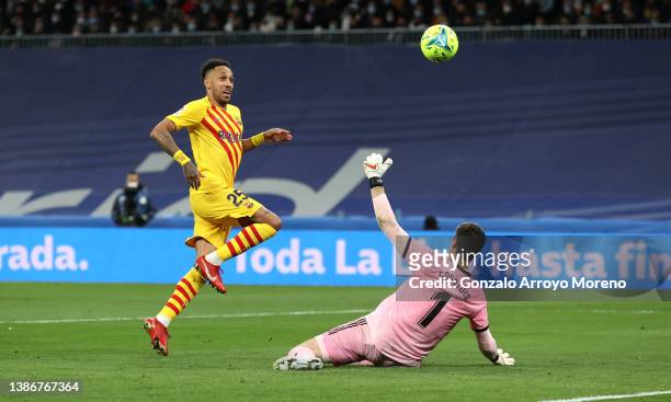 Pierre-Emerick Aubameyang of Barcelona scores their team's fourth goal during the LaLiga Santander match between Real Madrid CF and FC Barcelona at...