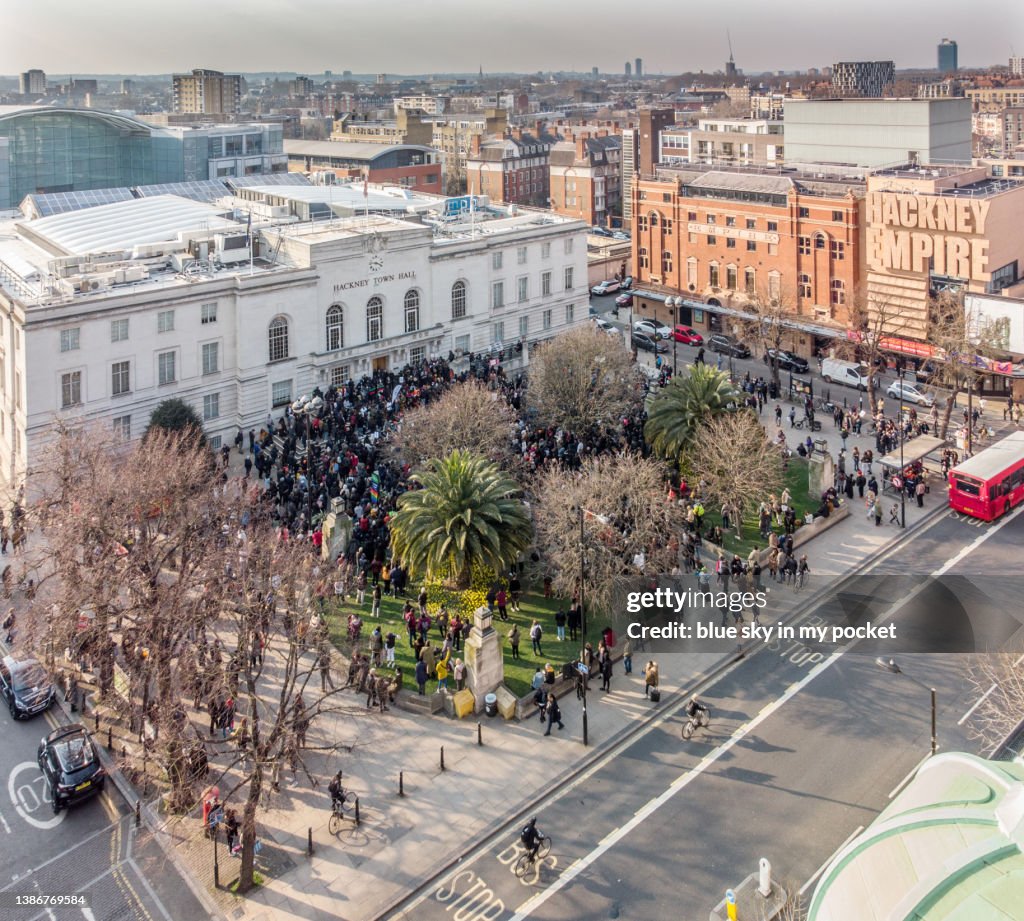 Hackney Town Hall and Hackney Empire, London, UK from a high angle perspective