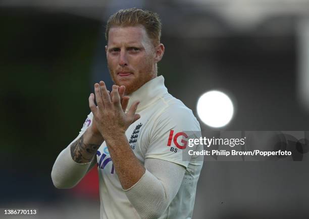 Ben Stokes of England applauds spectators after the second Test against West Indies ended in a draw at Kensington Oval on March 20, 2022 in...