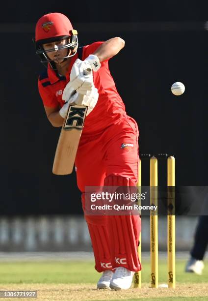 Bridget Patterson of South Australia bats during the WNCL match between Victoria and South Australia at Junction Oval on March 21, 2022 in Melbourne,...