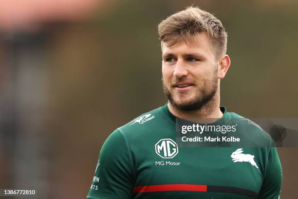 Jai Arrow watches on during a South Sydney Rabbitohs NRL training session at Redfern Oval on March 21, 2022 in Sydney, Australia.